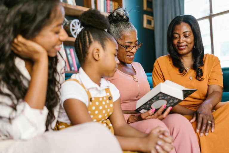 a family reading a book